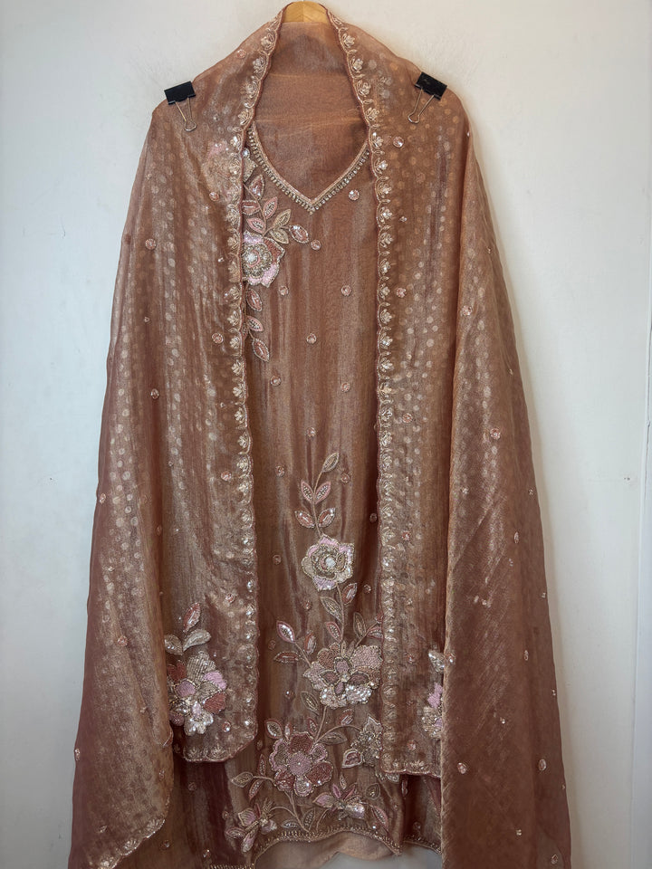 Peach Tissue Embellished Suit Set with 3D Floral, Dabka &amp; Cutdana Work