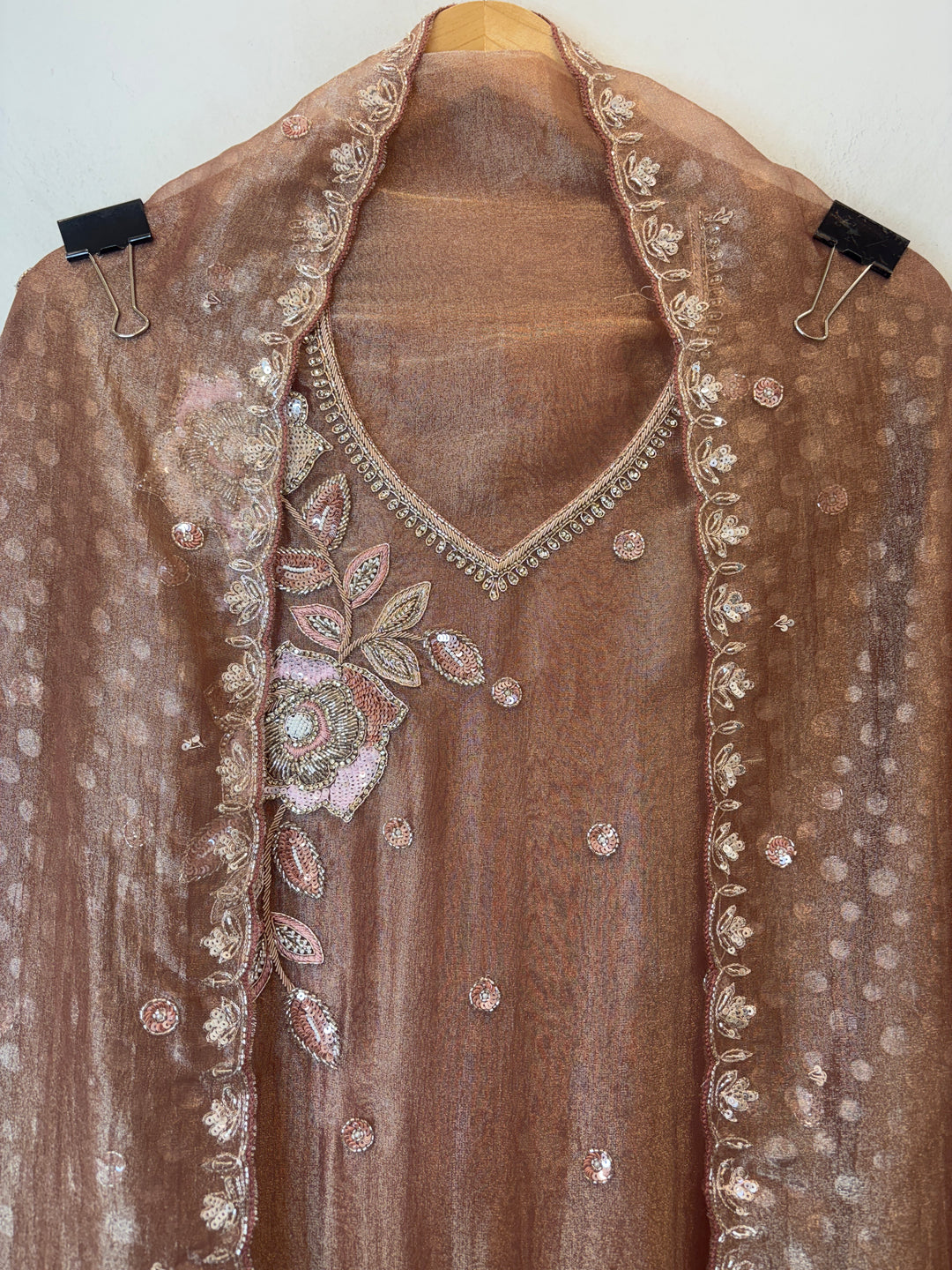Peach Tissue Embellished Suit Set with 3D Floral, Dabka &amp; Cutdana Work