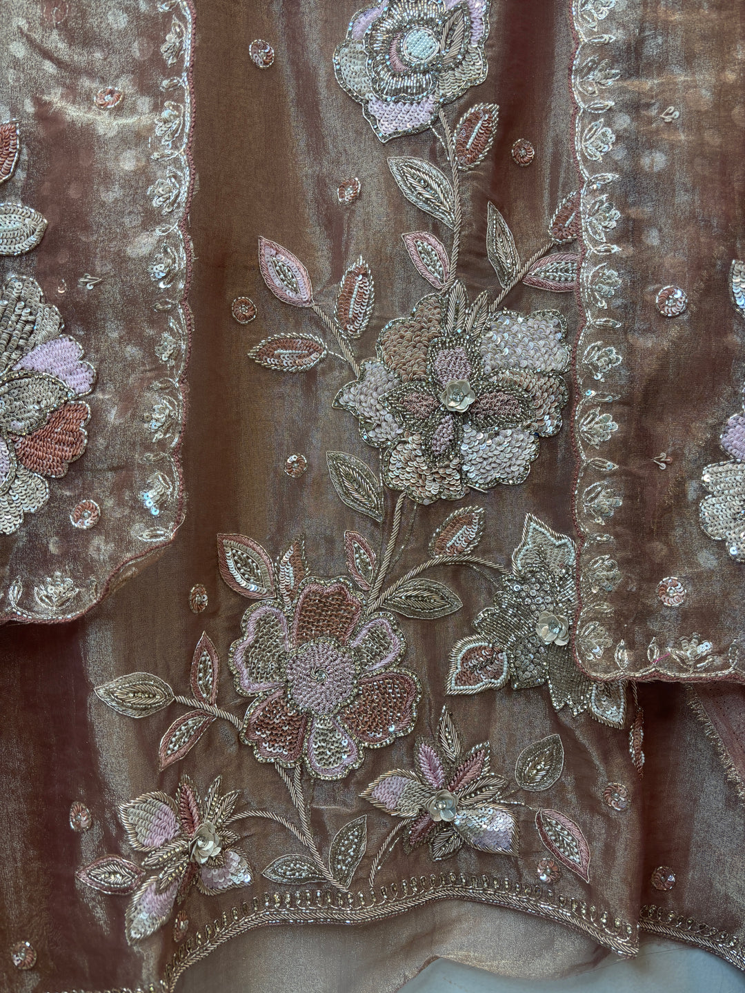 Brown Tissue Embellished Suit Set with 3D Floral, Dabka &amp; Cutdana Work