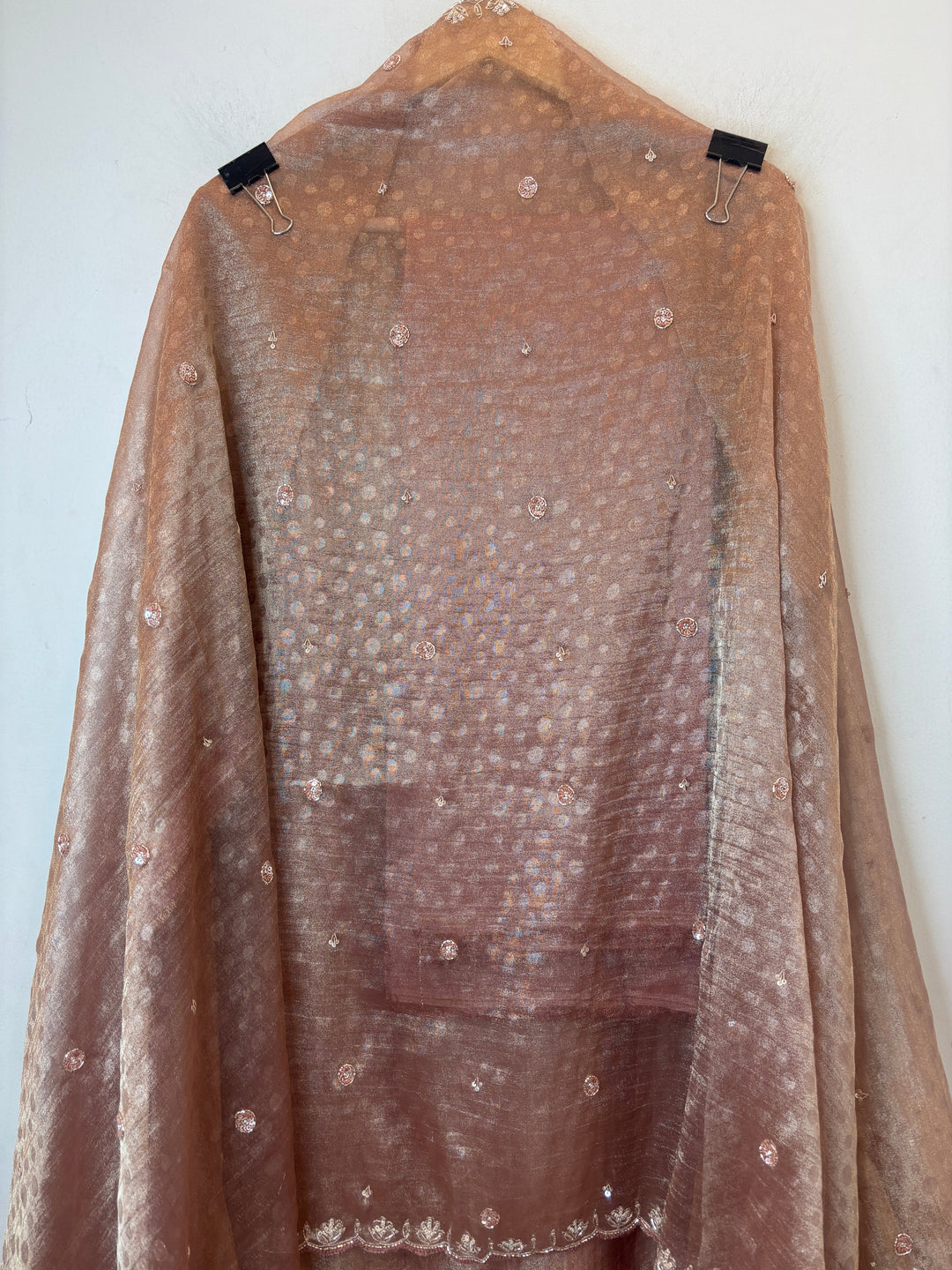Peach Tissue Embellished Suit Set with 3D Floral, Dabka &amp; Cutdana Work