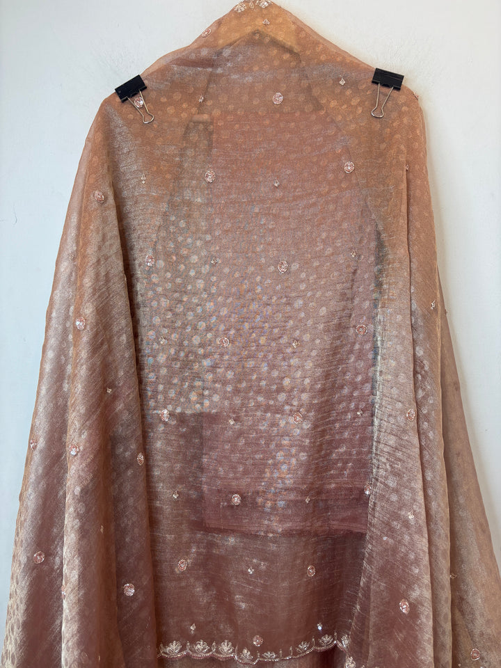 Peach Tissue Embellished Suit Set with 3D Floral, Dabka &amp; Cutdana Work