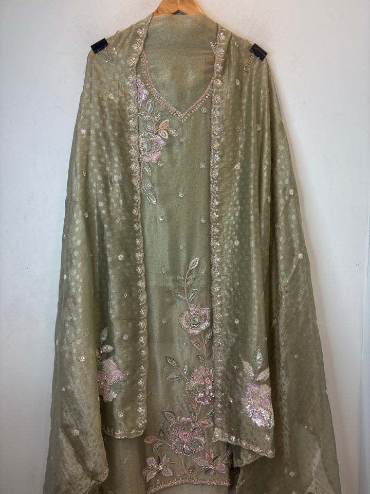 Green Tissue Embellished Suit Set with 3D Floral, Dabka &amp; Cutdana Work
