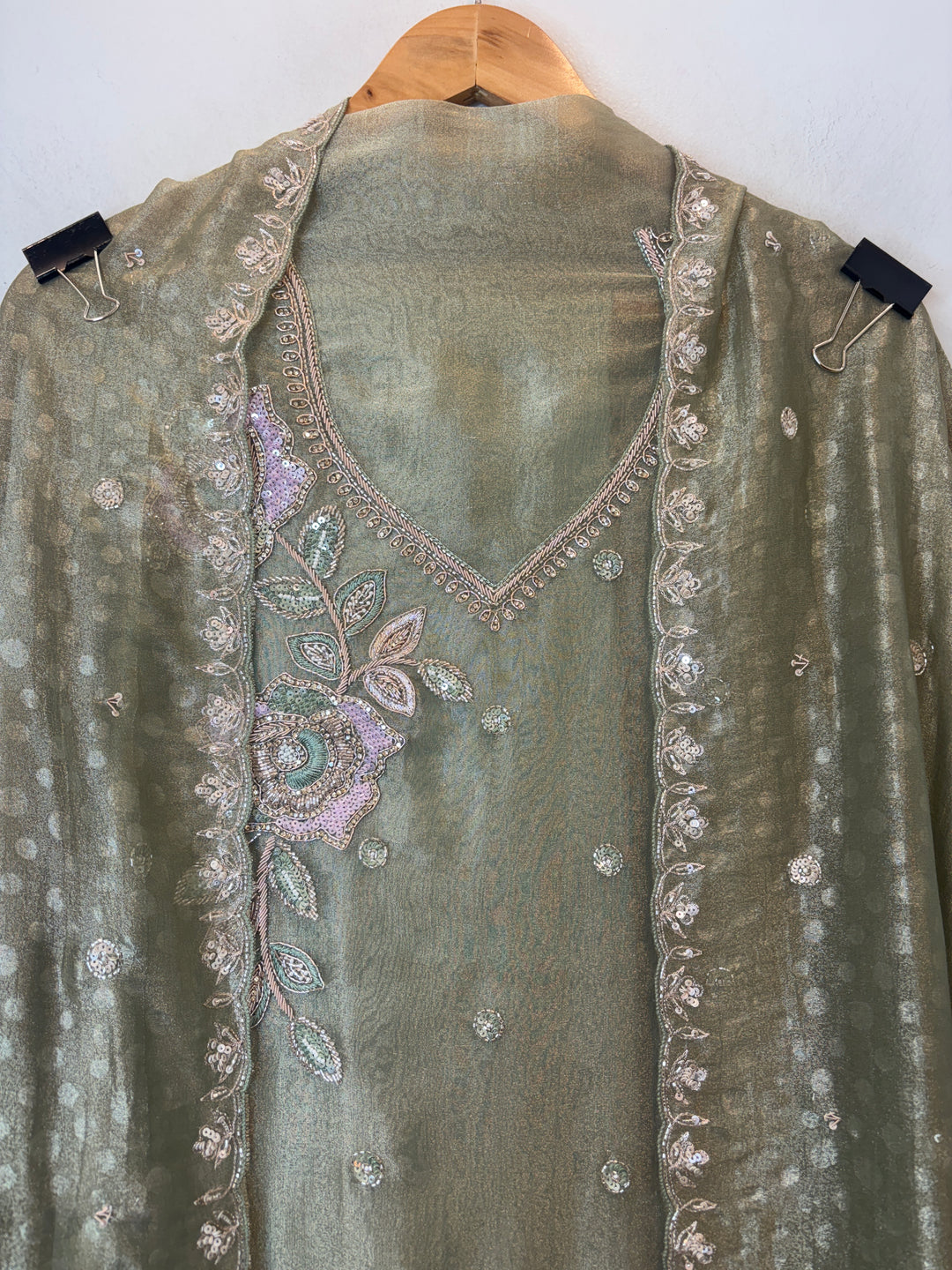 Green Tissue Embellished Suit Set with 3D Floral, Dabka &amp; Cutdana Work