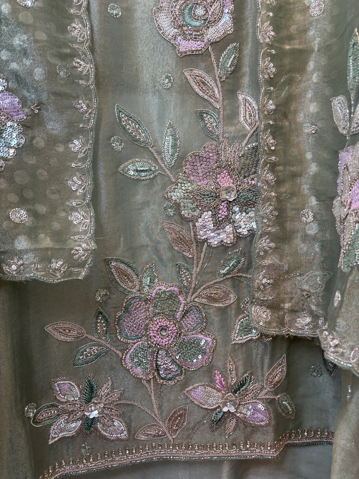 Green Tissue Embellished Suit Set with 3D Floral, Dabka &amp; Cutdana Work