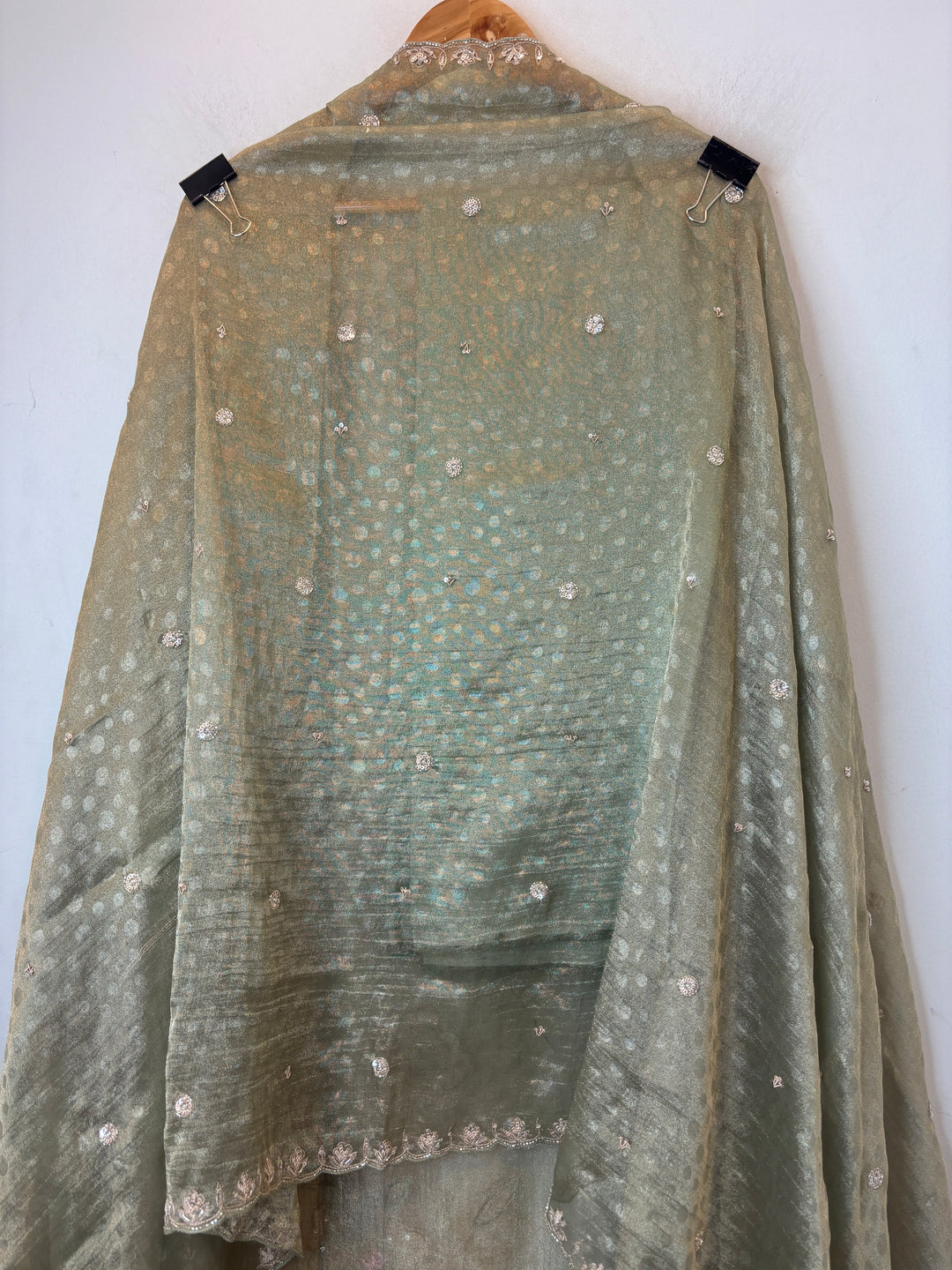 Green Tissue Embellished Suit Set with 3D Floral, Dabka &amp; Cutdana Work
