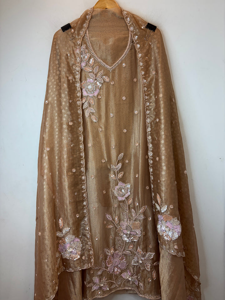 Brown Tissue Embellished Suit Set with 3D Floral, Dabka &amp; Cutdana Work