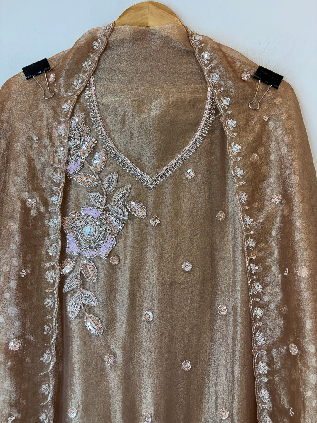 Brown Tissue Embellished Suit Set with 3D Floral, Dabka &amp; Cutdana Work