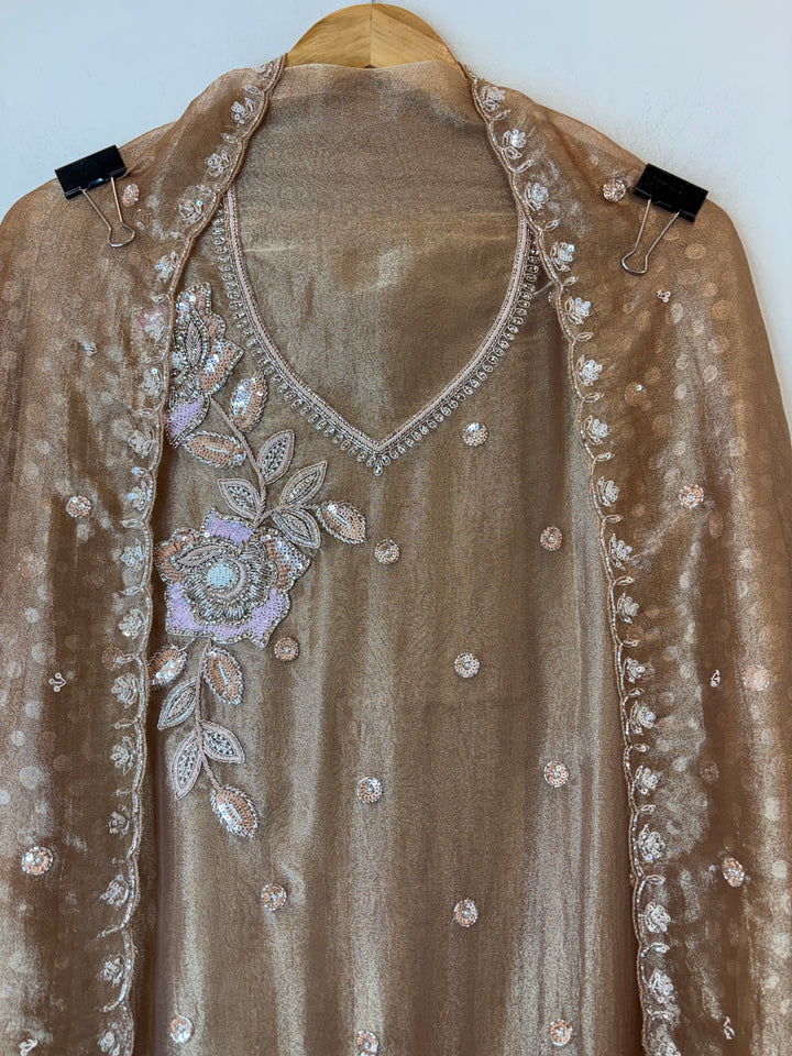 Brown Tissue Embellished Suit Set with 3D Floral, Dabka &amp; Cutdana Work