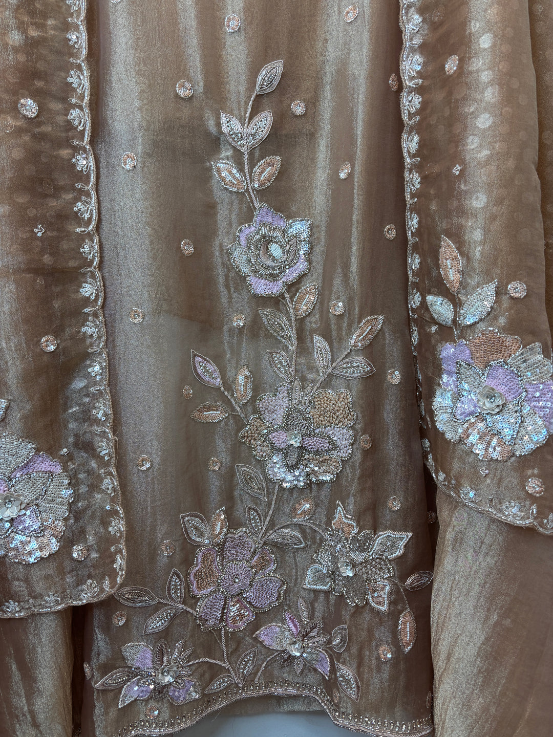 Dusty Brown Tissue Embellished Suit Set with 3D Floral, Dabka &amp; Cutdana Work