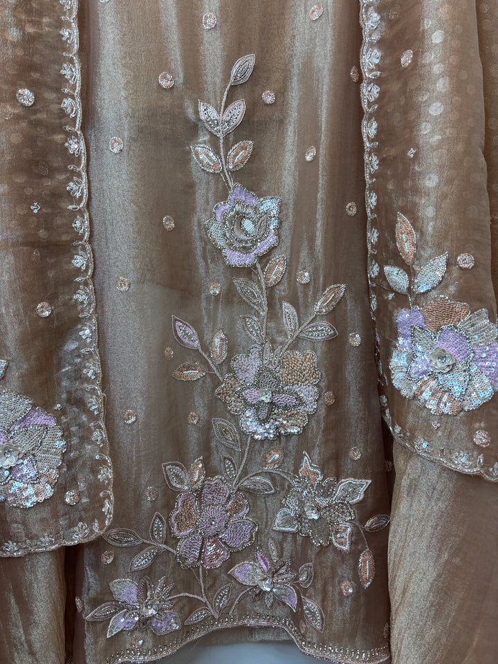 Dusty Brown Tissue Embellished Suit Set with 3D Floral, Dabka &amp; Cutdana Work