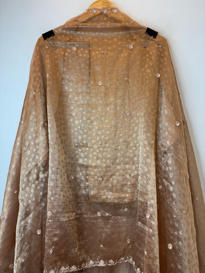 Brown Tissue Embellished Suit Set with 3D Floral, Dabka &amp; Cutdana Work