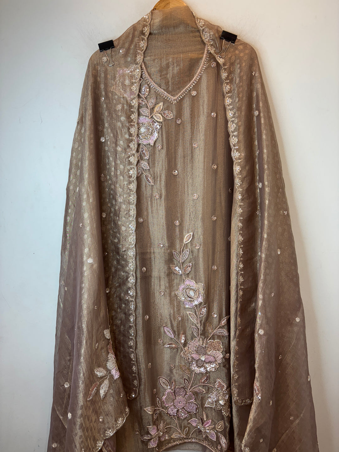 Dusty Brown Tissue Embellished Suit Set with 3D Floral, Dabka &amp; Cutdana Work