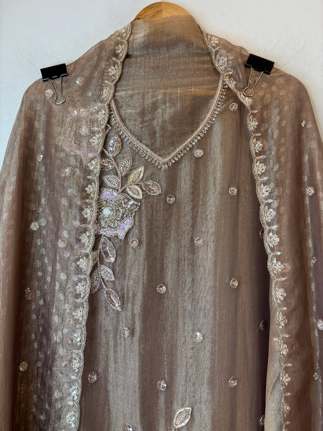 Dusty Brown Tissue Embellished Suit Set with 3D Floral, Dabka &amp; Cutdana Work