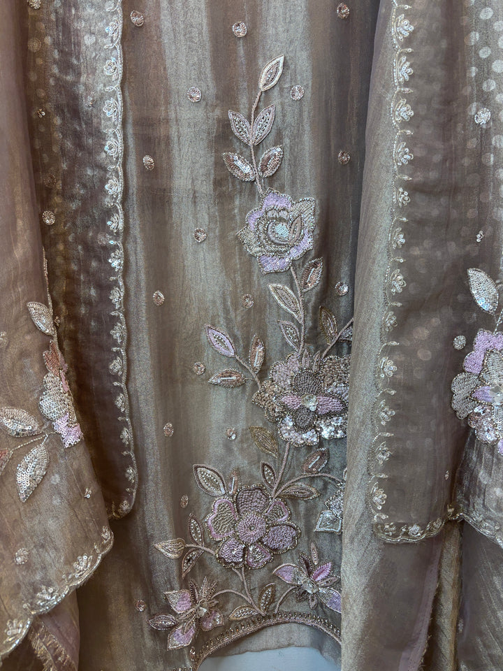 Dusty Brown Tissue Embellished Suit Set with 3D Floral, Dabka &amp; Cutdana Work
