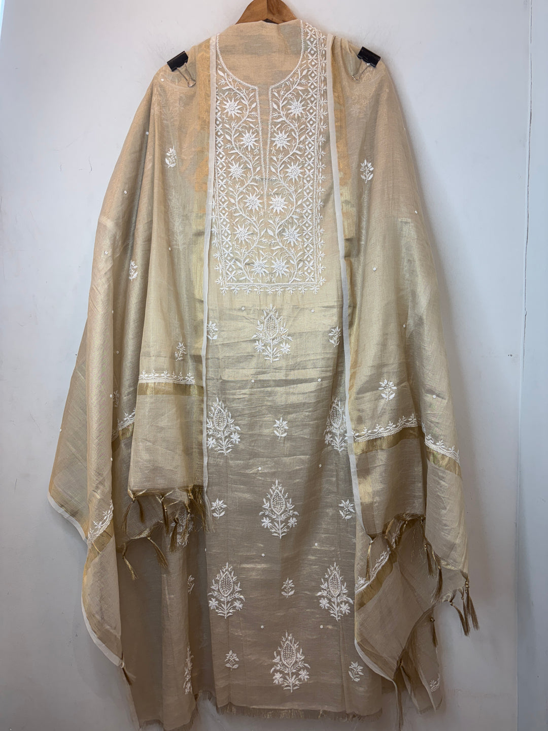 Dark Beige Cotton Tissue Embroidered Suit Set with Pearl &amp; Cutwork Detailing
