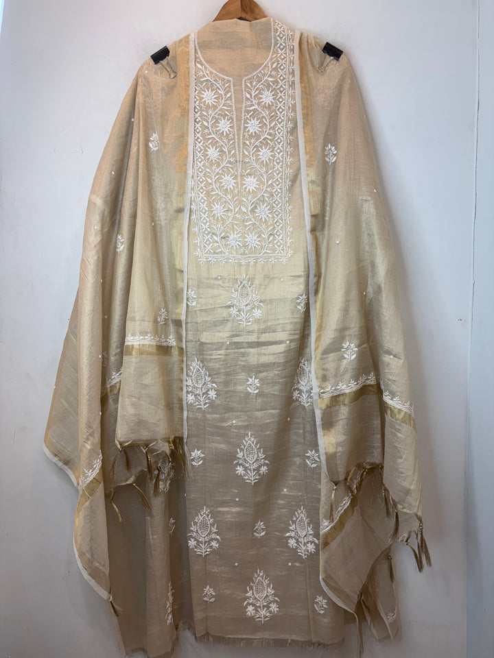 Dark Beige Cotton Tissue Embroidered Suit Set with Pearl &amp; Cutwork Detailing
