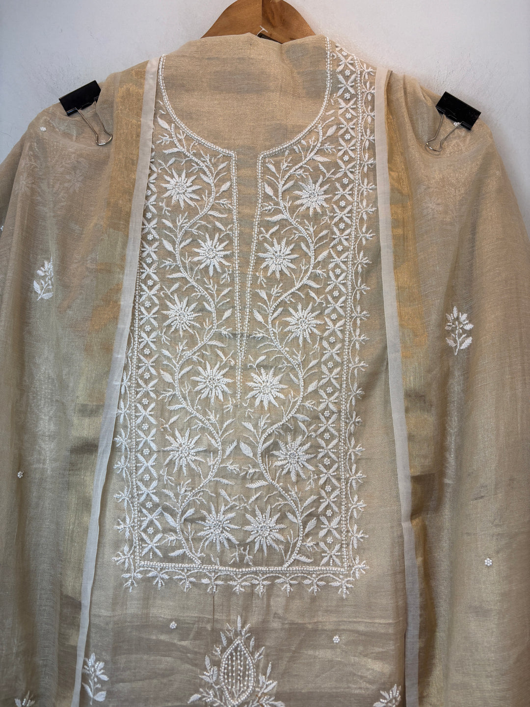 Dark Beige Cotton Tissue Embroidered Suit Set with Pearl &amp; Cutwork Detailing