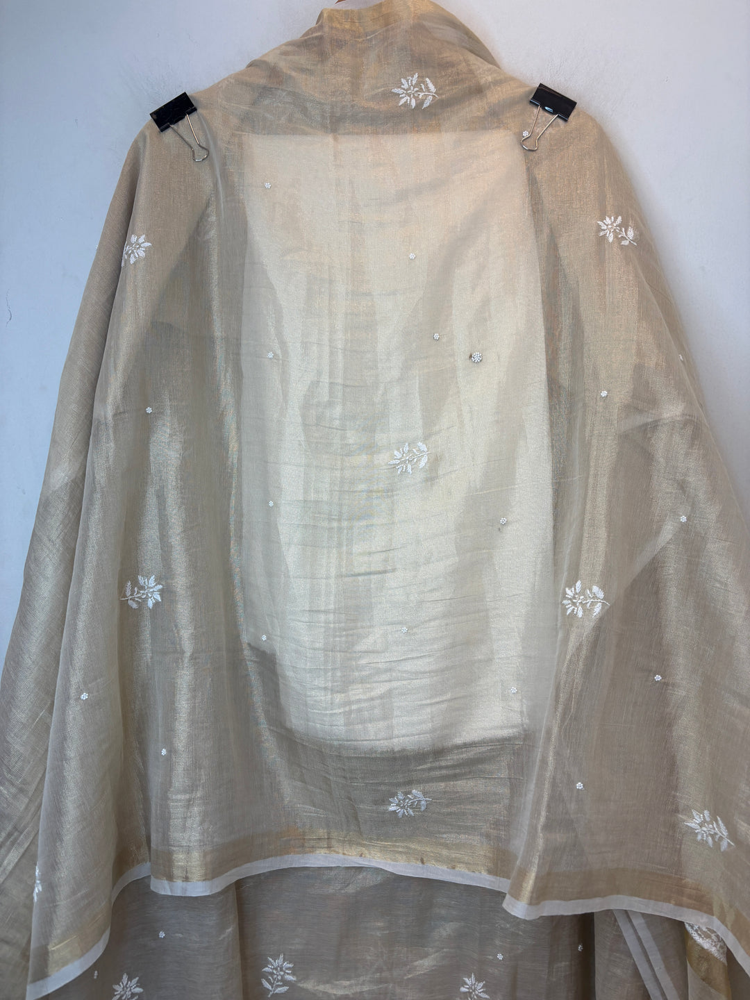 Dark Beige Cotton Tissue Embroidered Suit Set with Pearl &amp; Cutwork Detailing