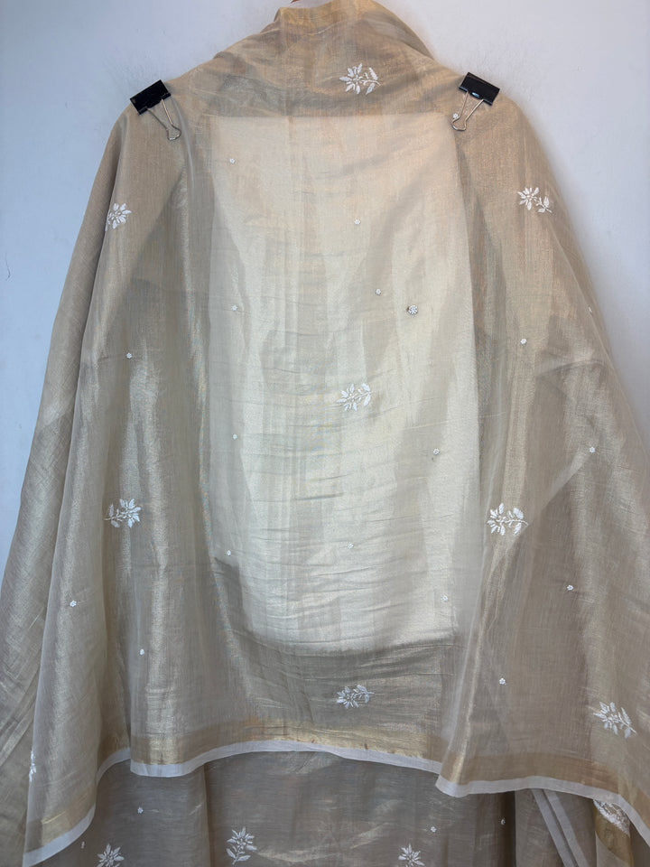 Dark Beige Cotton Tissue Embroidered Suit Set with Pearl &amp; Cutwork Detailing