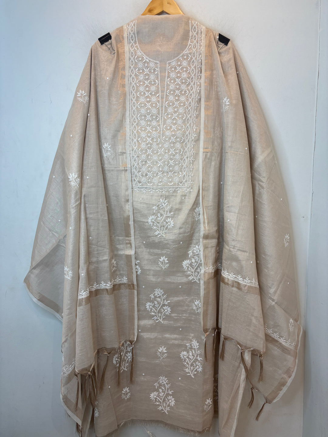 Light Beige Cotton Tissue Embroidered Suit Set with Pearl &amp; Cutwork Detailing