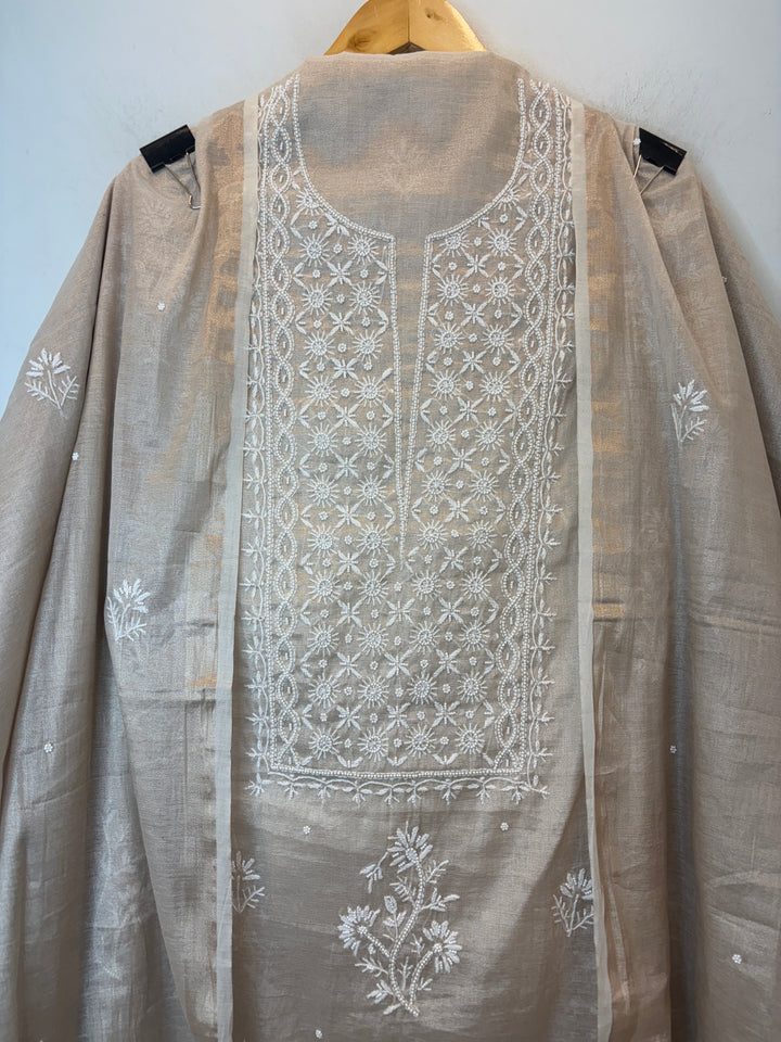 Light Beige Cotton Tissue Embroidered Suit Set with Pearl &amp; Cutwork Detailing