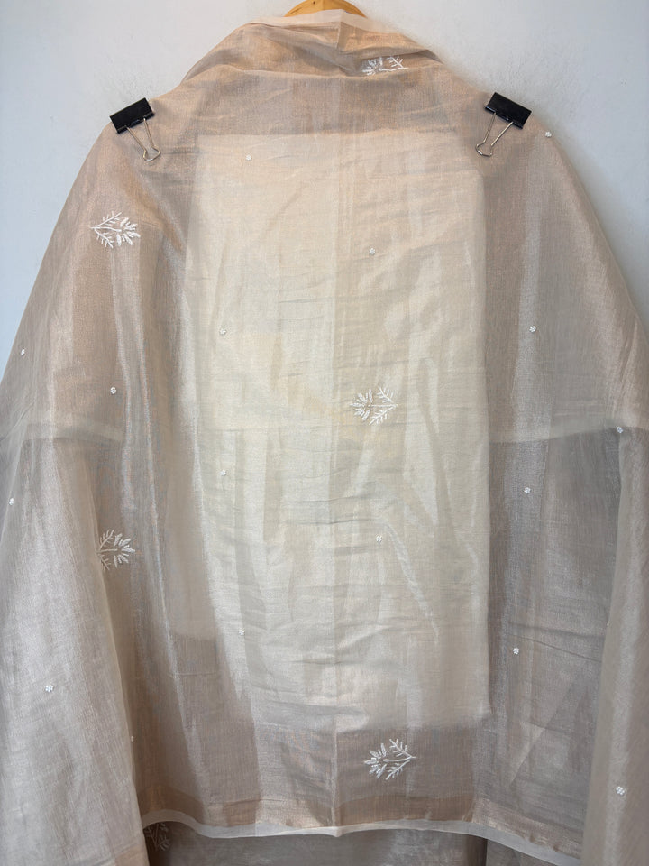 Light Beige Cotton Tissue Embroidered Suit Set with Pearl &amp; Cutwork Detailing