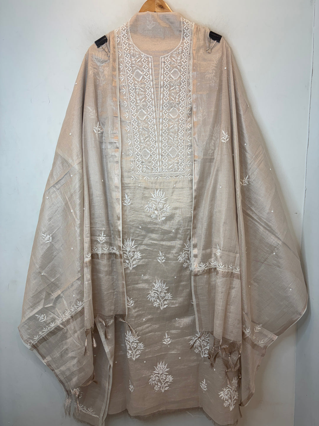 Beige Cotton Tissue Embroidered Suit Set with Pearl &amp; Cutwork Detailing