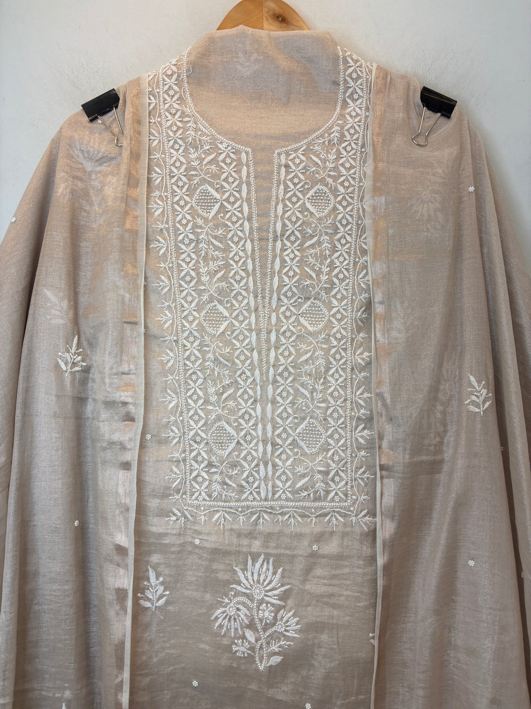 Beige Cotton Tissue Embroidered Suit Set with Pearl &amp; Cutwork Detailing