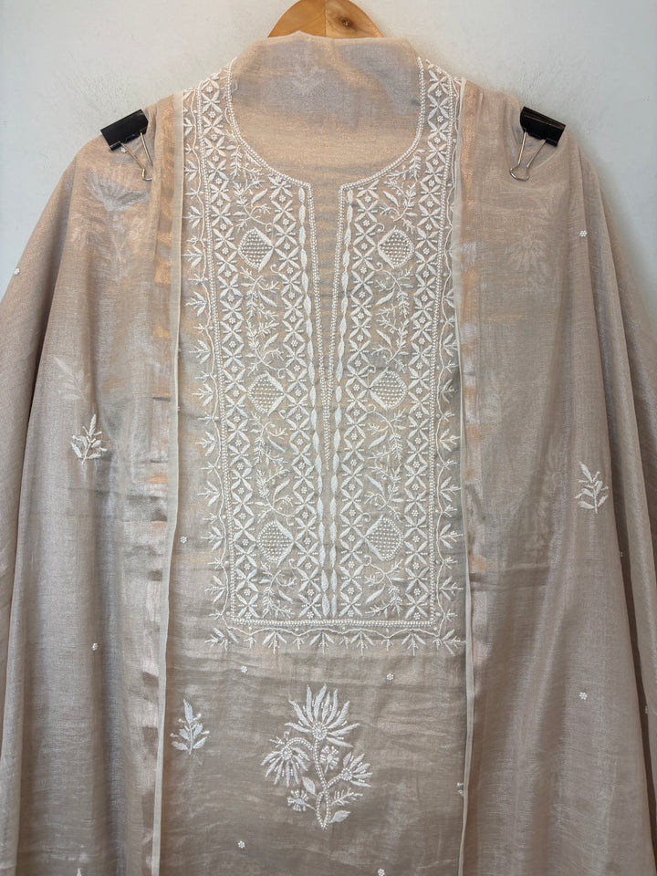 Beige Cotton Tissue Embroidered Suit Set with Pearl &amp; Cutwork Detailing
