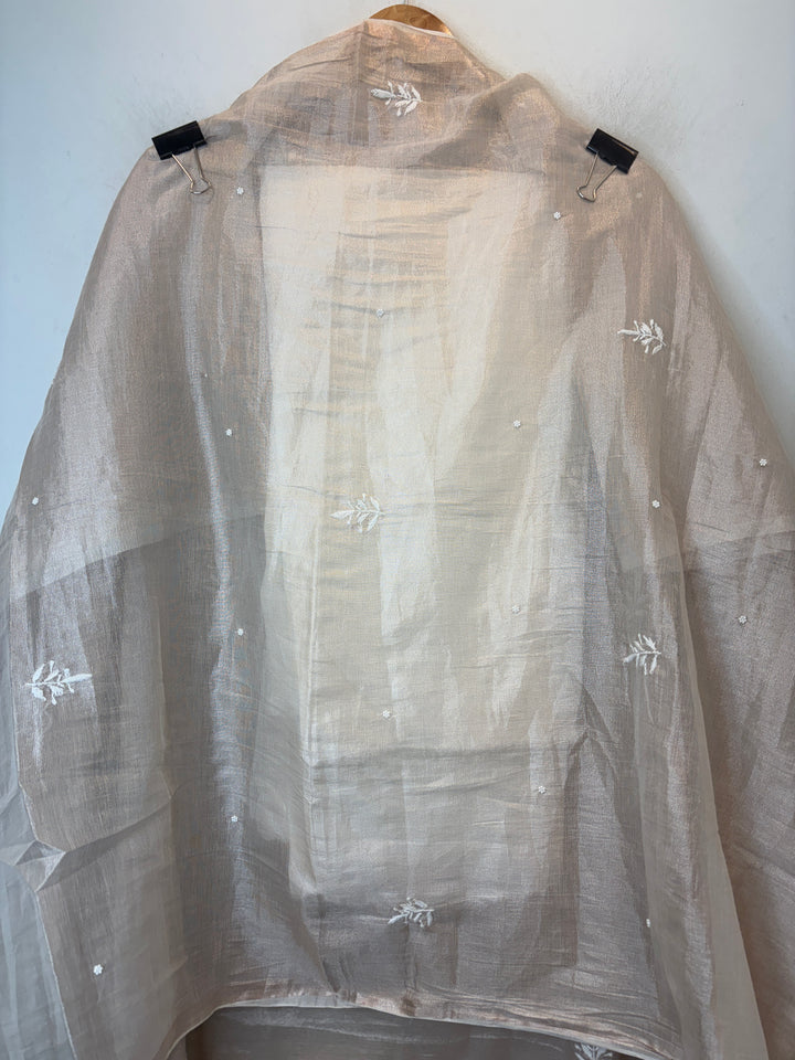 Beige Cotton Tissue Embroidered Suit Set with Pearl &amp; Cutwork Detailing