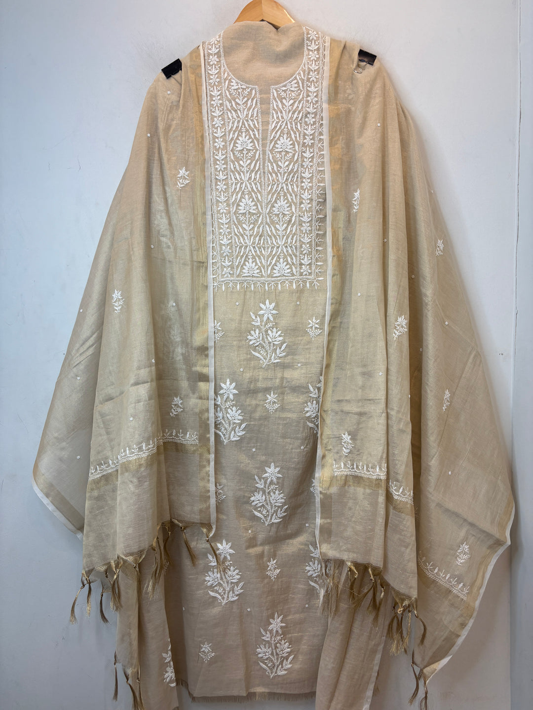 Gold Cotton Tissue Embroidered Suit Set with Pearl &amp; Cutwork Detailing