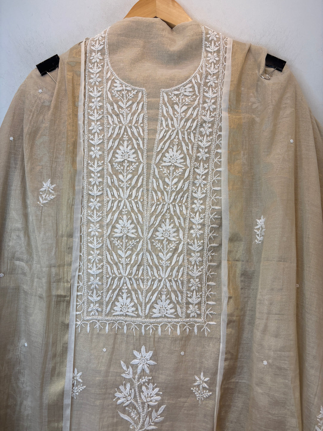 Gold Cotton Tissue Embroidered Suit Set with Pearl &amp; Cutwork Detailing