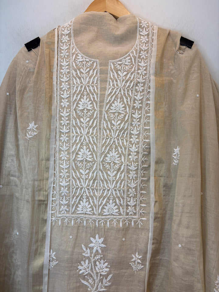 Gold Cotton Tissue Embroidered Suit Set with Pearl &amp; Cutwork Detailing