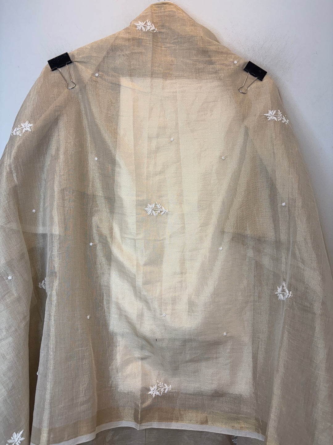 Gold Cotton Tissue Embroidered Suit Set with Pearl &amp; Cutwork Detailing