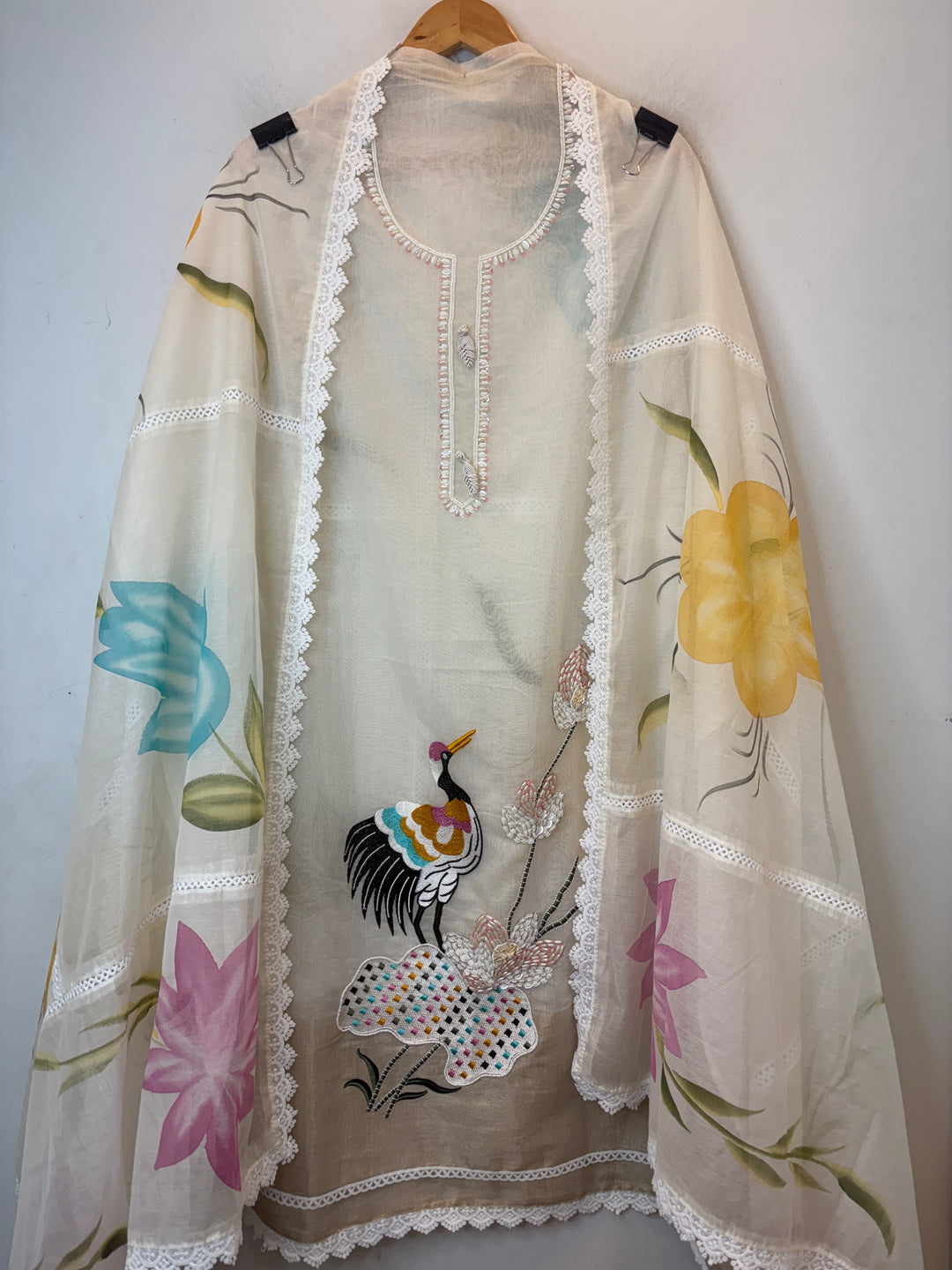 Mul Chanderi Suit Set with Bird Embroidery &amp; Brush Paint Dupatta