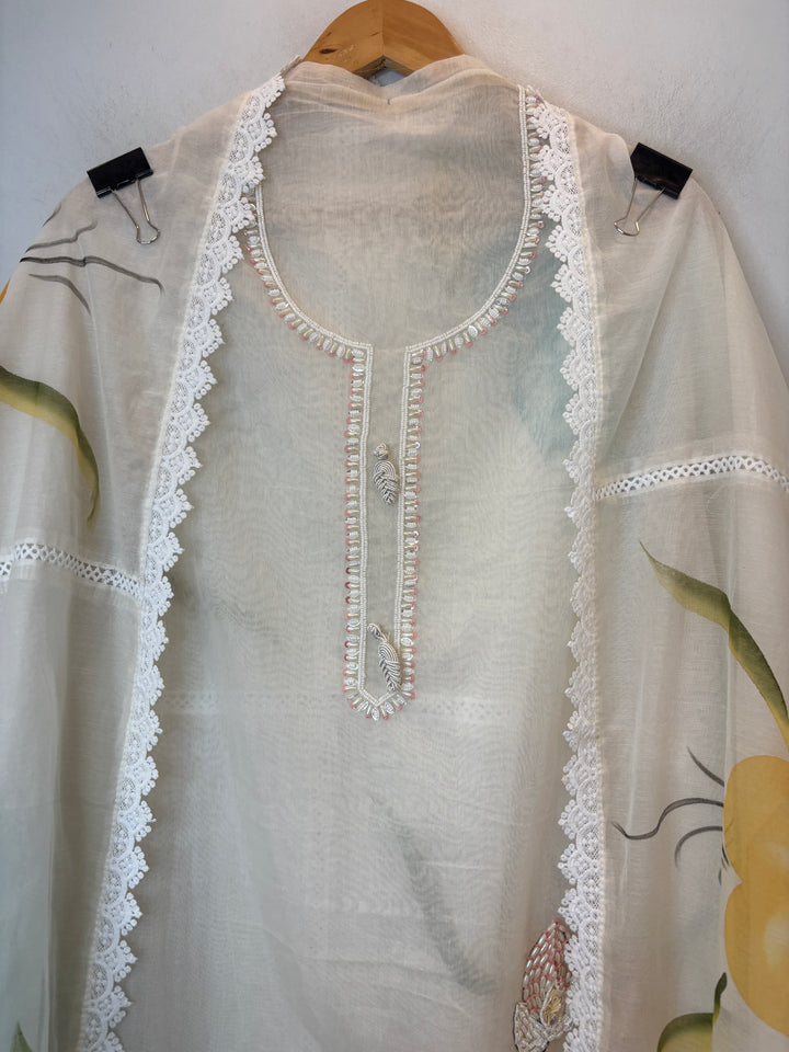 Mul Chanderi Suit Set with Bird Embroidery &amp; Brush Paint Dupatta