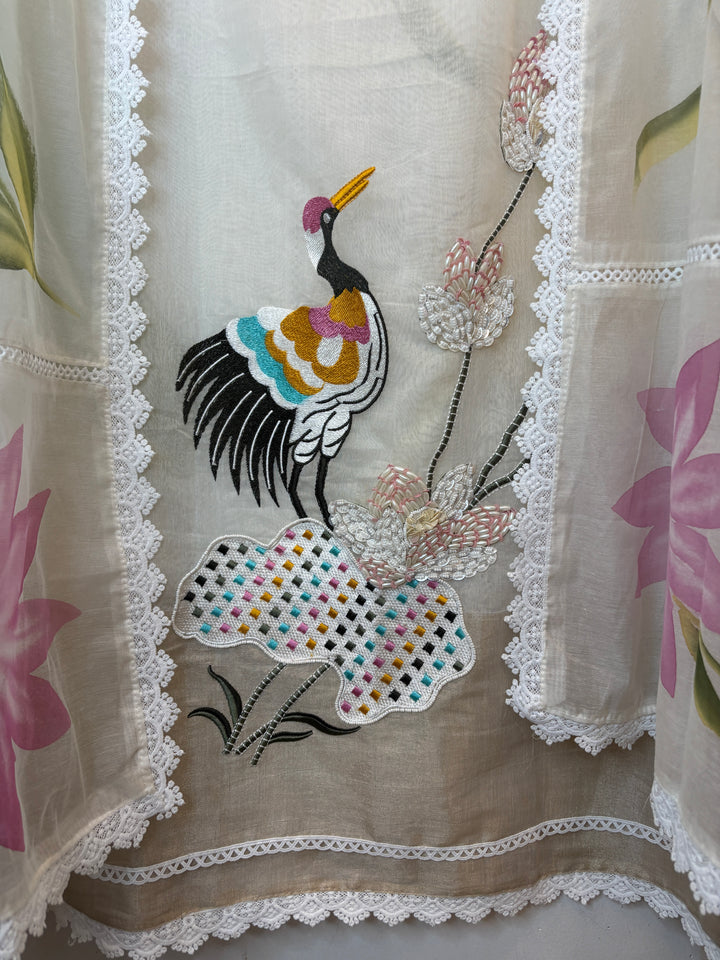 Mul Chanderi Suit Set with Bird Embroidery &amp; Brush Paint Dupatta