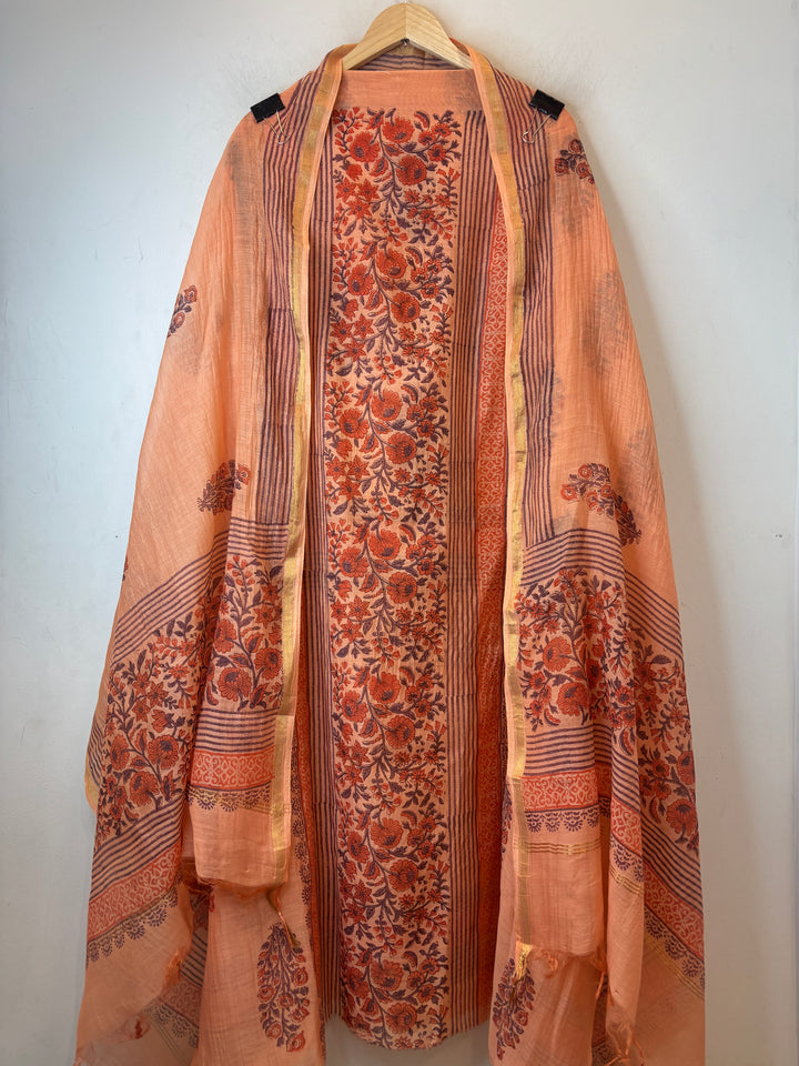 Orange Mul Cotton Block Printed Suit Set