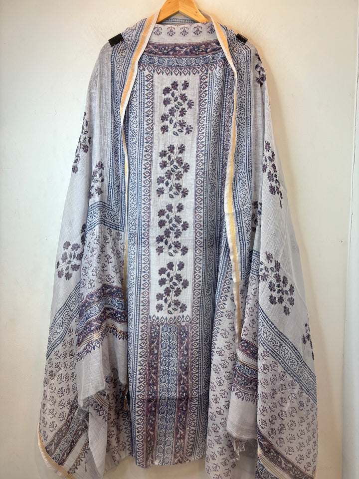 Grey Mul Cotton Block Printed Suit Set
