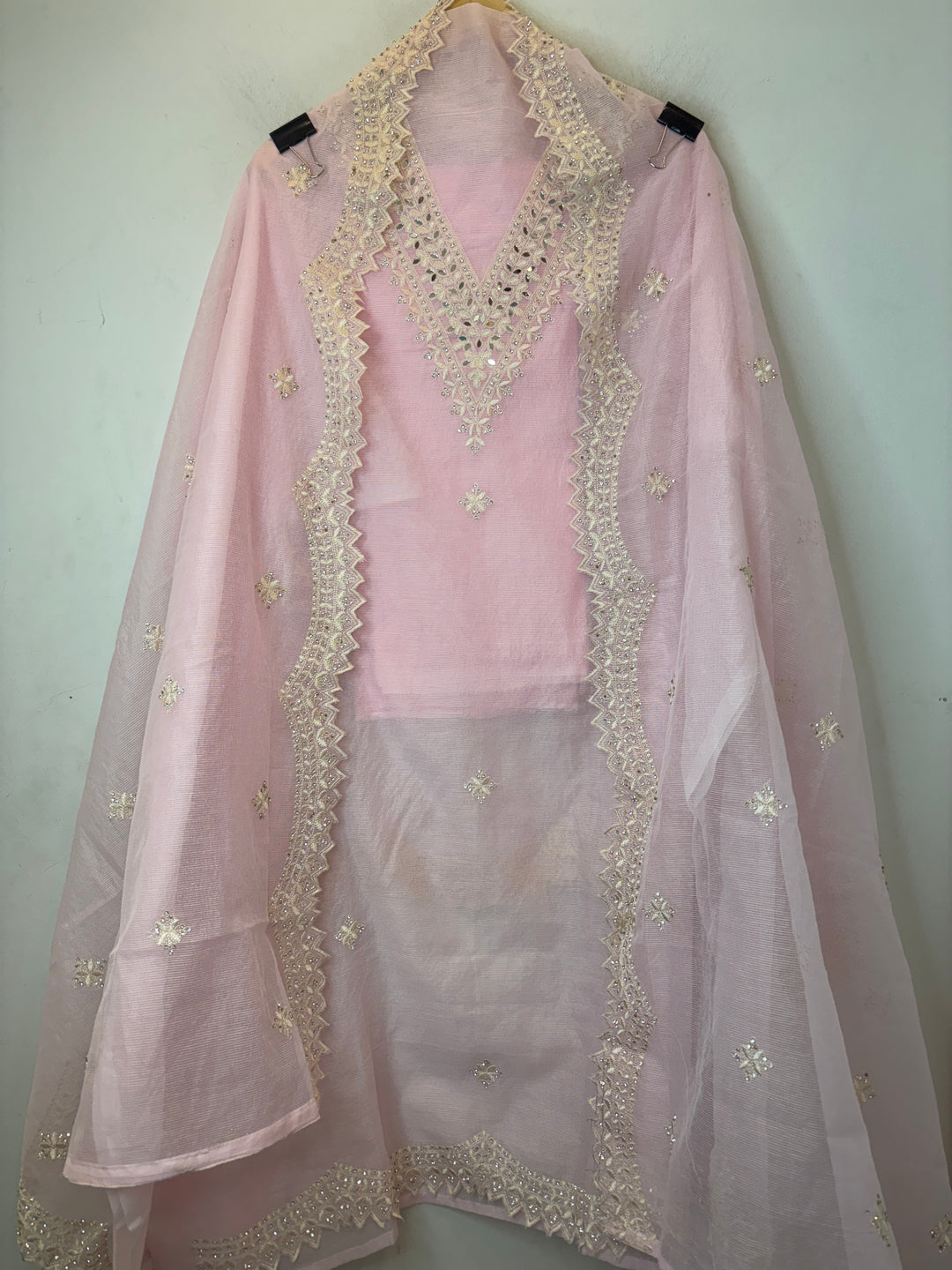 Pink Kota Fabric Suit Set with Mirror &amp; Thread Work Detailing