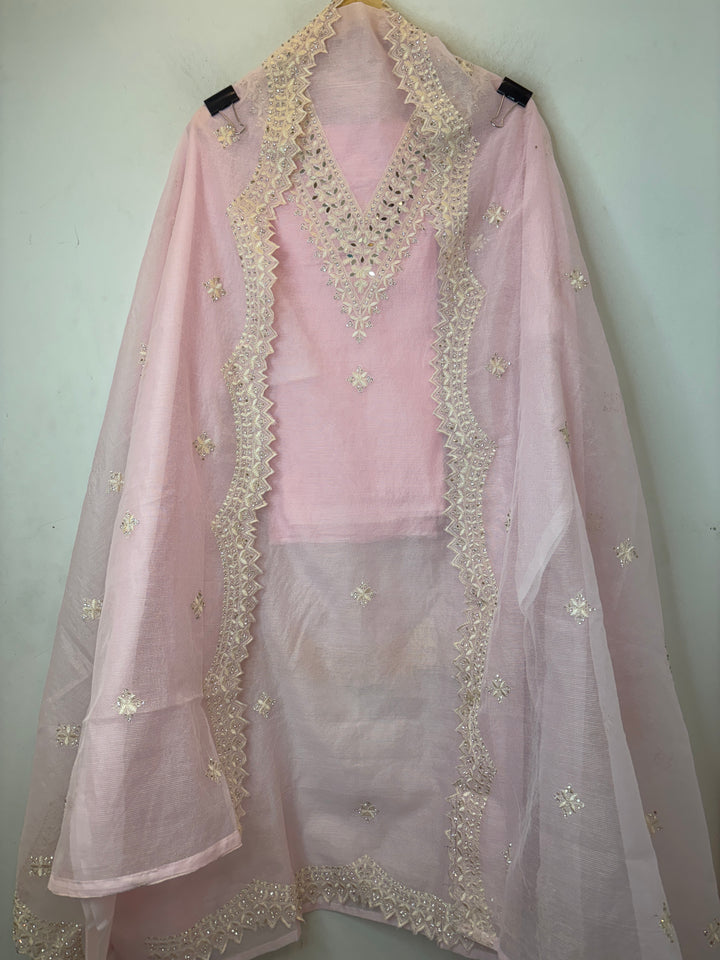 Pink Kota Fabric Suit Set with Mirror &amp; Thread Work Detailing