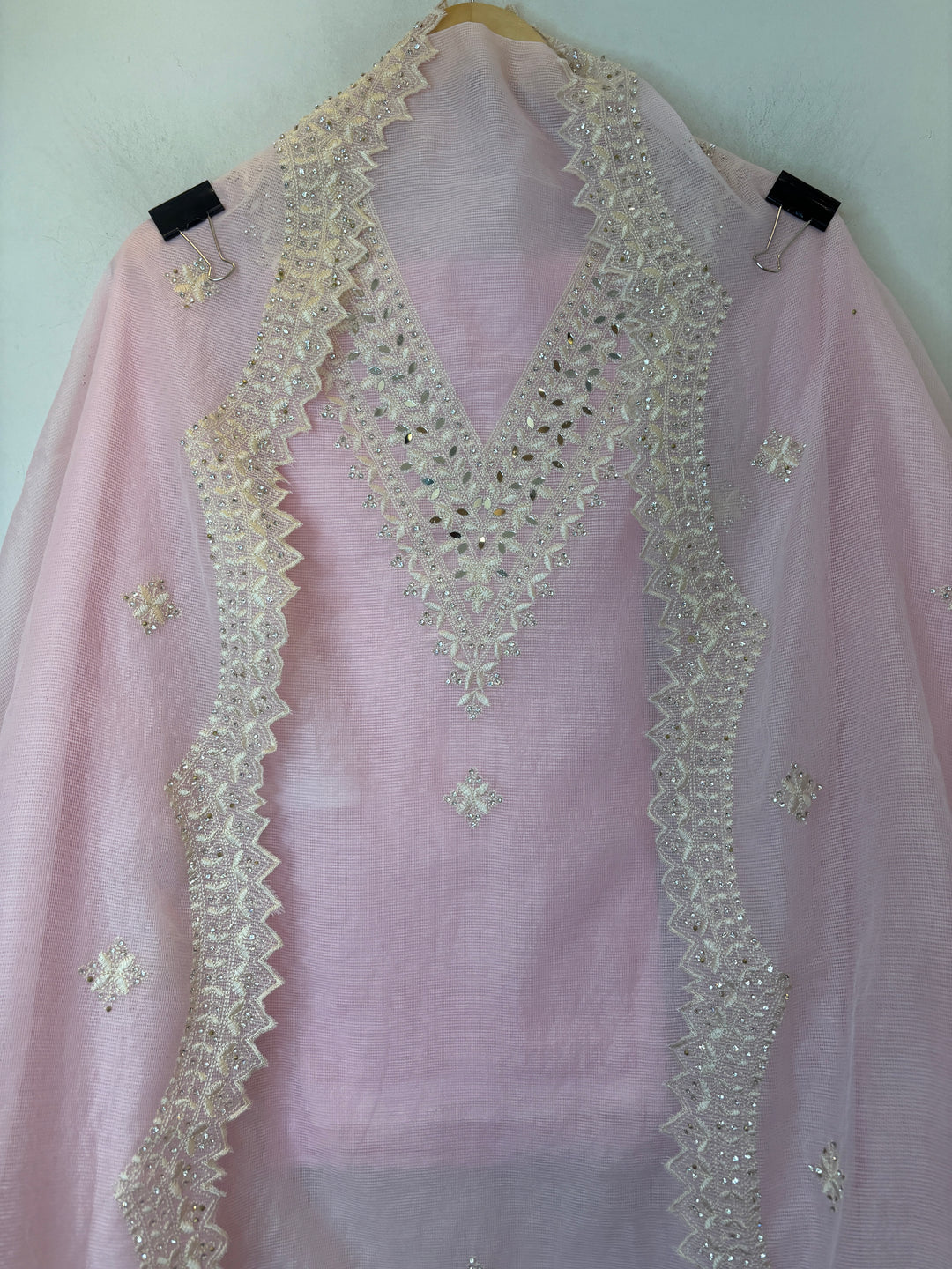 Pink Kota Fabric Suit Set with Mirror &amp; Thread Work Detailing