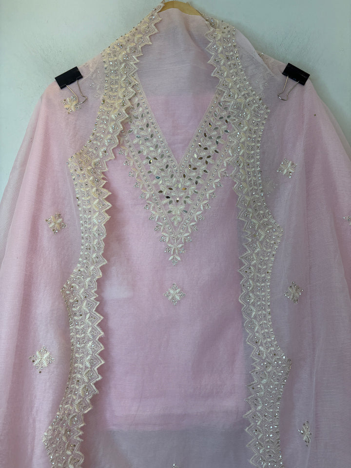 Pink Kota Fabric Suit Set with Mirror &amp; Thread Work Detailing