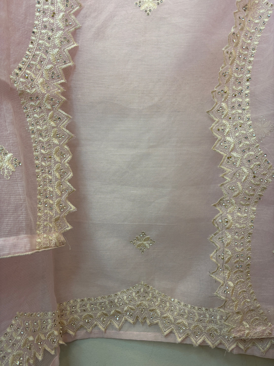 Pink Kota Fabric Suit Set with Mirror &amp; Thread Work Detailing