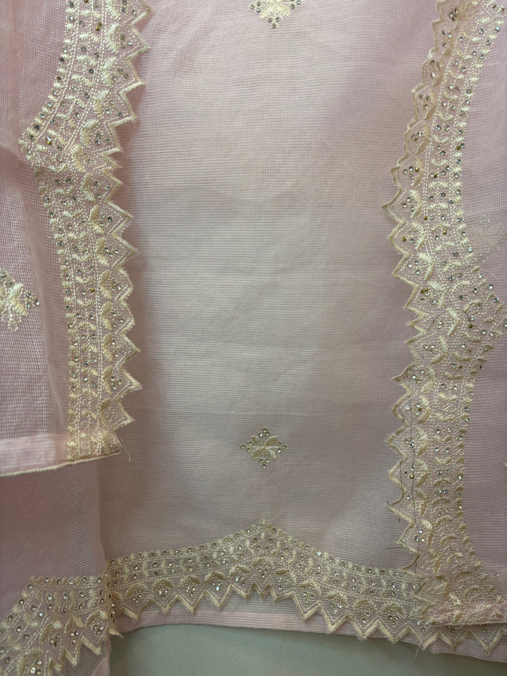 Pink Kota Fabric Suit Set with Mirror &amp; Thread Work Detailing