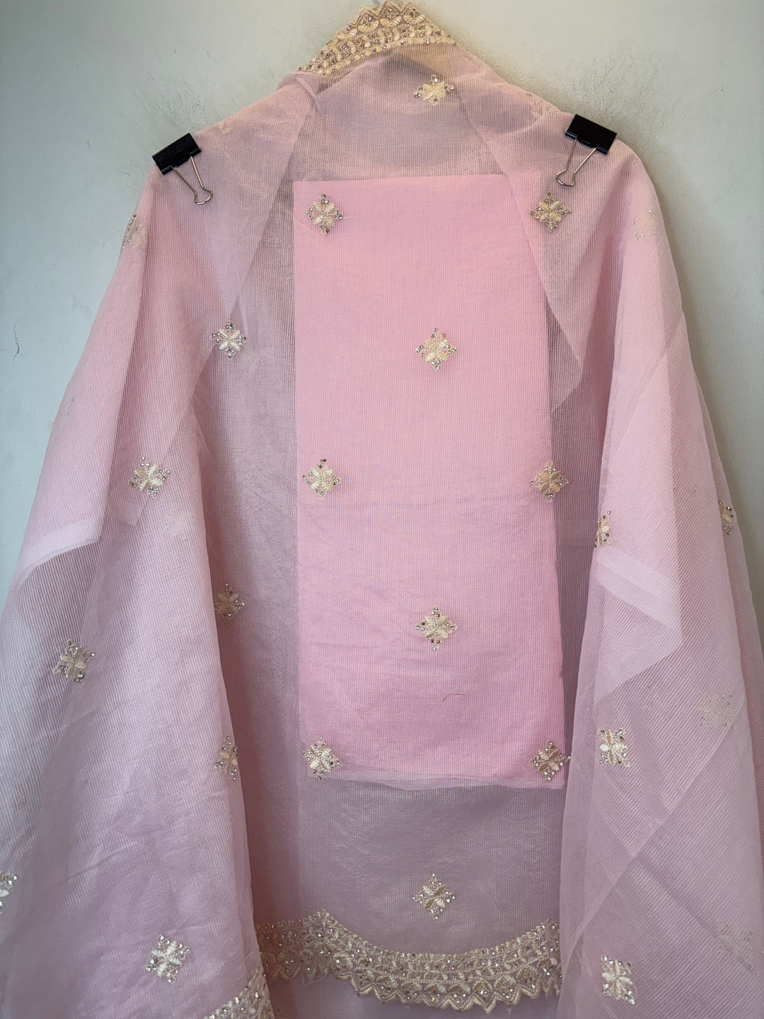 Pink Kota Fabric Suit Set with Mirror &amp; Thread Work Detailing