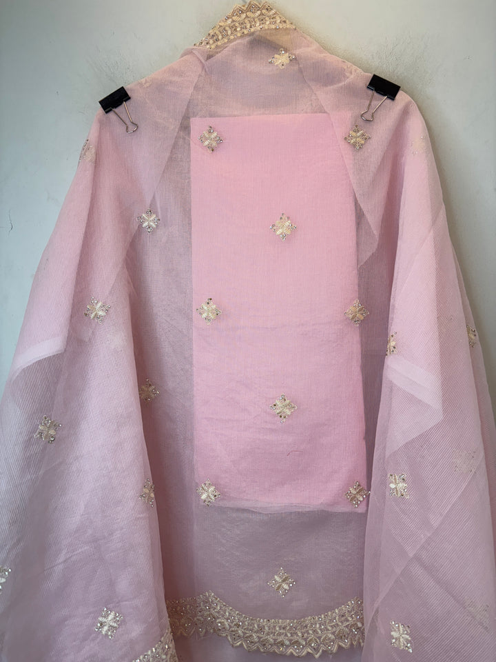 Pink Kota Fabric Suit Set with Mirror &amp; Thread Work Detailing