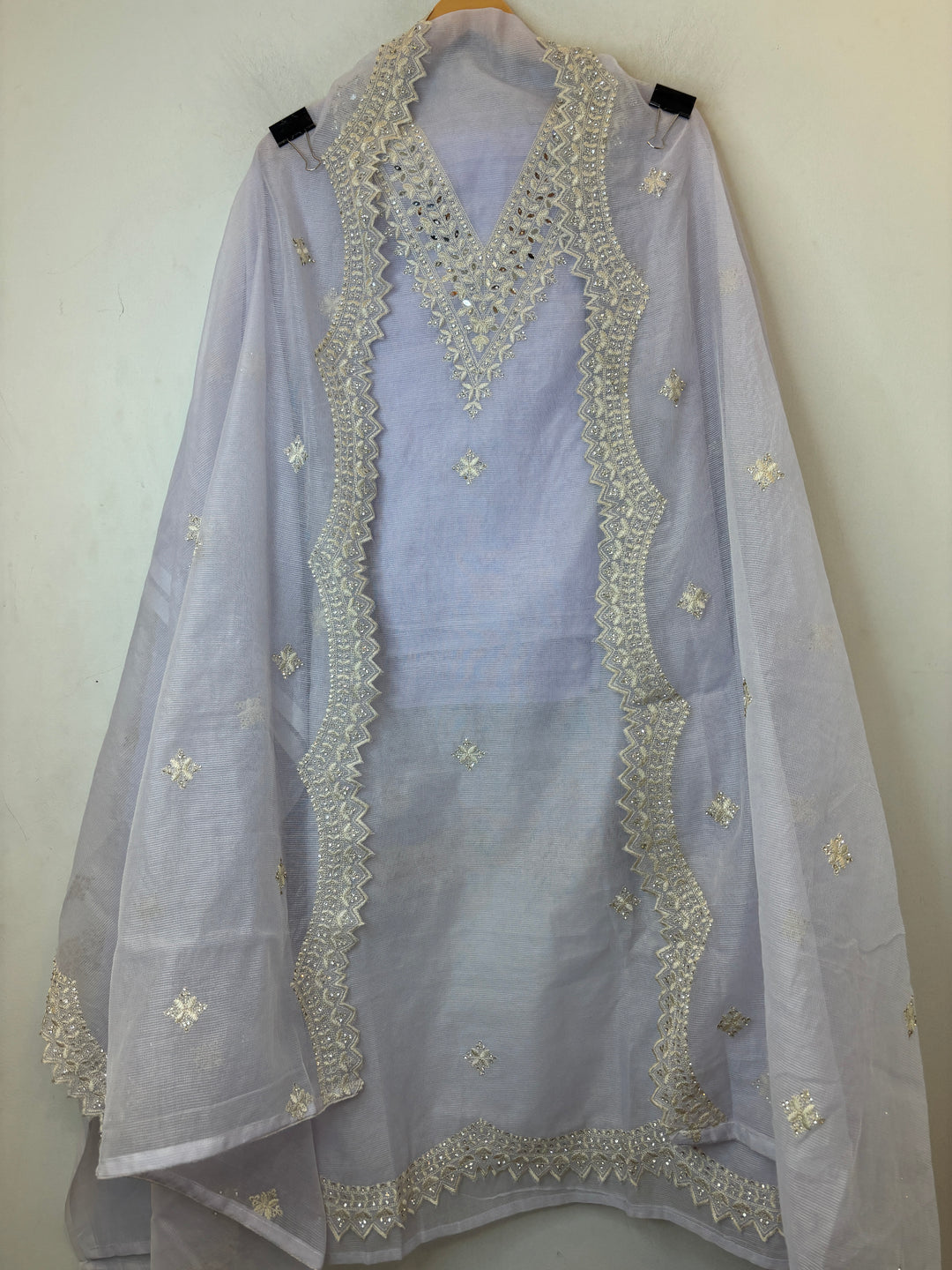 Lavender Kota Fabric Suit Set with Mirror &amp; Thread Work Detailing