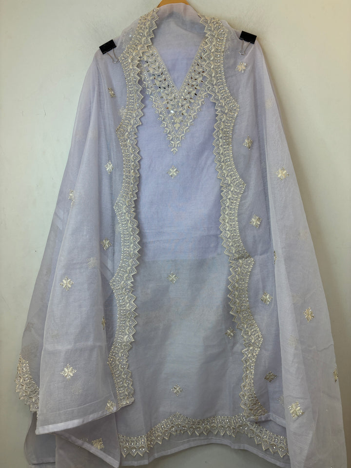 Lavender Kota Fabric Suit Set with Mirror &amp; Thread Work Detailing