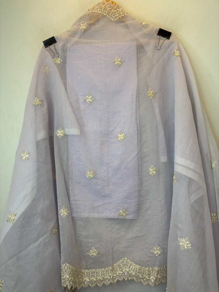 Lavender Kota Fabric Suit Set with Mirror &amp; Thread Work Detailing